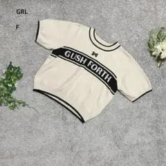 グレイル　ニット　半袖　バイカラー　英字　リボン刺繍　レーヨン混　F 白黒