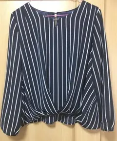 HusHusH インナー付きブラウス　ネイビーストライプ Vネック 長袖　L