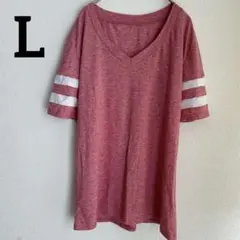 1点もの✨赤 Vネック 【Ｌ】 Tシャツ ストライプ袖　カジュアル　シンプル
