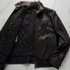 バーバリーブラックレーベル ラビットファー襟 羊革 シングルライダースジャケット