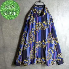 柄シャツ　ブルー　ストライプ　ダマスク柄　ヴィンテージ古着