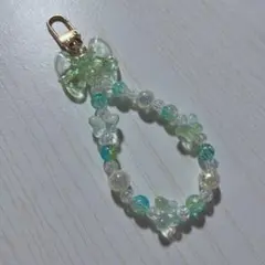 ハンドメイド ビーズストラップ グリーンバタフライ