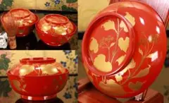 BK129　時代輪島塗　草花図金蒔絵　吸物椀　二客　木製　茶道具 懐石 菓子