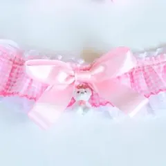 くまちゃんピンクギンガムチェックと白のWレースチョーカー　20106