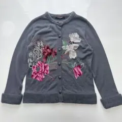 LEONARD カシミヤ シルク ニットカーディガン 花柄 刺繍 42 XLのサムネイル