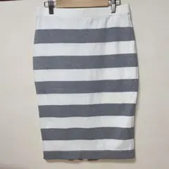 美品　ユニクロ ボーダー タイトスカート L 膝丈 ストレッチ 白 グレー 春夏