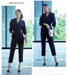 ネイビー パンツセットアップ ウエストベルト付き