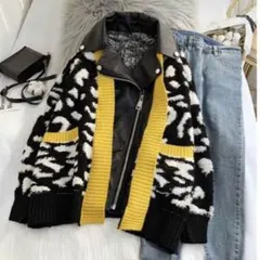 レオパード柄ニットレザーコンビジャケット