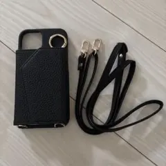iPhone14ケースレザー黒カード入れ2つミラー付き ショルダー《文章要確認》