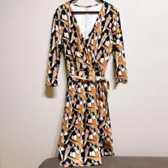 幾何学模様 カシュクールワンピース 七分袖