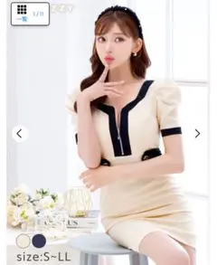 dazzyアイボリーブラックパフスリーブドレス