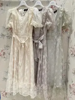 evelyn 古着 ウエストリボン アンティーク調総レース ロングワンピース
