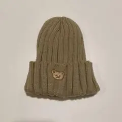 ベージュ ニット帽 クマ刺繍付き