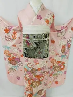 正絹 京友禅 振袖 7点フルセット ピンク花尽くし 成人式 卒業式 美品