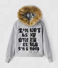 SHEIN シーイン裏起毛 ファー付き ジップアップパーカー グレー
