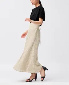 ジャカードバックリボンフレアロングスカート ナチュラル ホワイト S GU