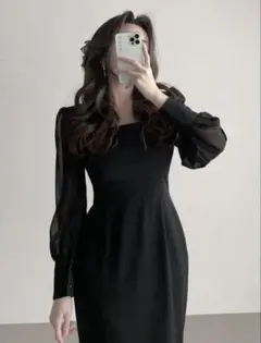 【美品】DHOLIC スクエアネックシアースリーブワンピース パーティ 結婚式