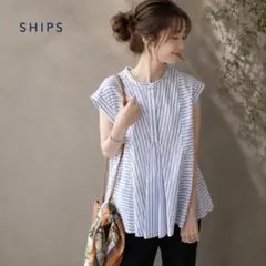 美品　SHIPSシップス大人可愛いコットンローンフロントギャザーフレアブラウス♪のサムネイル