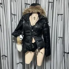 平成ギャル y2k　光沢　リアルファー付きダウン　黒　お兄系　フェアリーグランジ