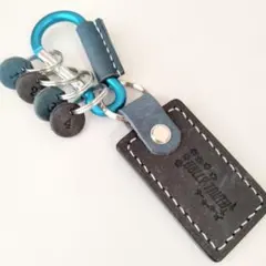 本革 キーホルダー カラビナ付き（グレー＆ブルー）｜番号刻印キーリング4個付