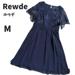 Rewde　紺　ネイビー　M　フレアワンピース　ひざ丈　無地　レース袖　リボン付