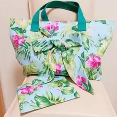 ハンドメイド　ハワイアン　花柄　トートバッグ　ポーチつき　ブルー