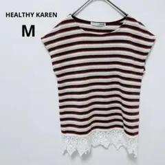 ヘルシーカレン　ストライプ柄 裾レース付き 半袖カットソー M 総柄　シンプルのサムネイル
