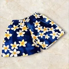 ショートパンツ　花柄　ウエストゴム　ネイビー　綿100% ハイビスカス　フリー