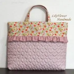 No.193 レッスンバッグハートキルト入園入学いちご柄女の子フリルハンドメイド