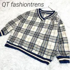 QT fashiontrensチェック柄 Vネックニット 長袖