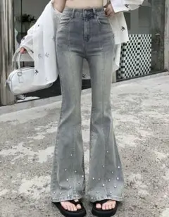 ポケット付きフレアデザイン カジュアル デニムパンツ ウィメンズフレアデニム