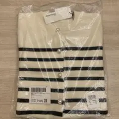 パールボタン無地ボーダー長袖ニットカーディガン　andme