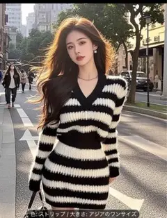 新品　ストライプ ニットワンピース アジアのワンサイズ