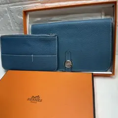 【最高級美品】 エルメス ドゴン GM ブルー 長財布 シルバー金具 C337 HERMES - 【最高級美品】 エルメス ドゴン GM ブルー 長財布 シルバー