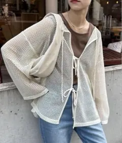 チャオパニックティピー 2WAY コットン メッシュ編み リボン カーディガン