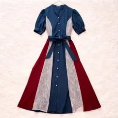 axes femme レース切替配色シャツワンピ レース 半袖 ワンピース M