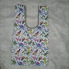 ハンドメイド　手作り　エコバッグ縁取　鳥獣戯画風　ツートーン