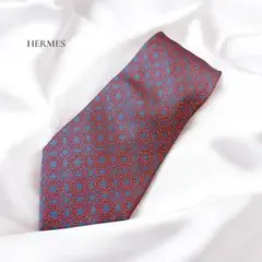 HERMESネクタイ　グレーレッド　総柄　シルク100％のサムネイル
