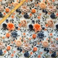 D68　3D立体プリント生地 花柄 オレンジ黒白バラ コットン100％ 輸入生地