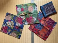 インド産　ブロックプリント　ラリーキルト　カンタ刺繍　クッションカバー３枚