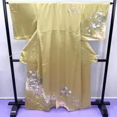 ★4166★ 灰み黄色 桑染色 訪問着 花柄刺繍 袷