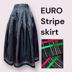 vintageヴィンテージスカートストライプブラックゴムレトロヨーロッパ海外古着