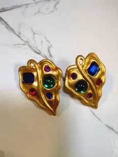 マルチカラー イヤリング クリップ式 ヴィンテージゴールド 大ぶり