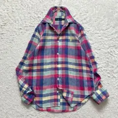 極美品✨ポロラルフローレン 長袖シャツ リネン 麻 刺繍ロゴ 洗える チェック柄のサムネイル