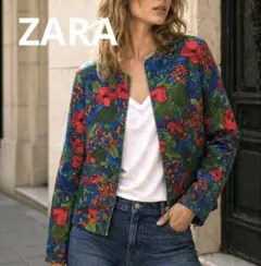 ZARA 花柄 ノーカラージップ　ジャケット　M