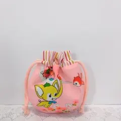 ハンドメイド ミニミニ まるい巾着 (レトロなねこちゃん キノコ 蝶