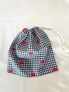 ハンドメイド　巾着袋　ギンガムチェック　ネイビー