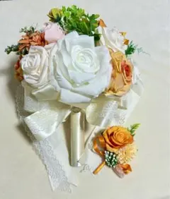 造花ウェディングブーケ ホワイトオレンジ