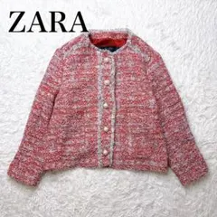 ZARA ノーカラー ツイード ジャケット 赤 パールボタン L フォーマル