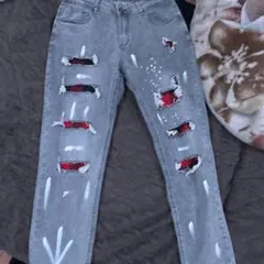 ダメージ加工 グレー スキニーデニム